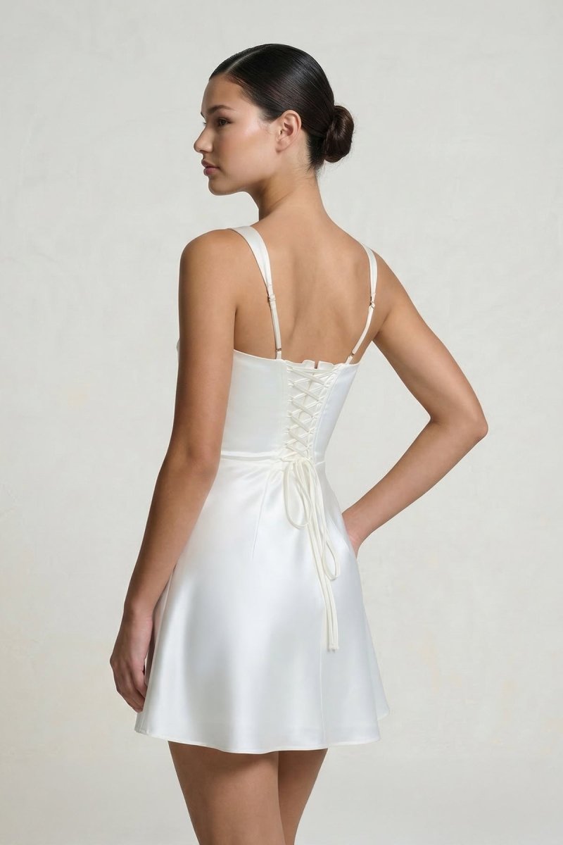 Square Neck Satin A - Line Corset Graduation Dress - KissProm