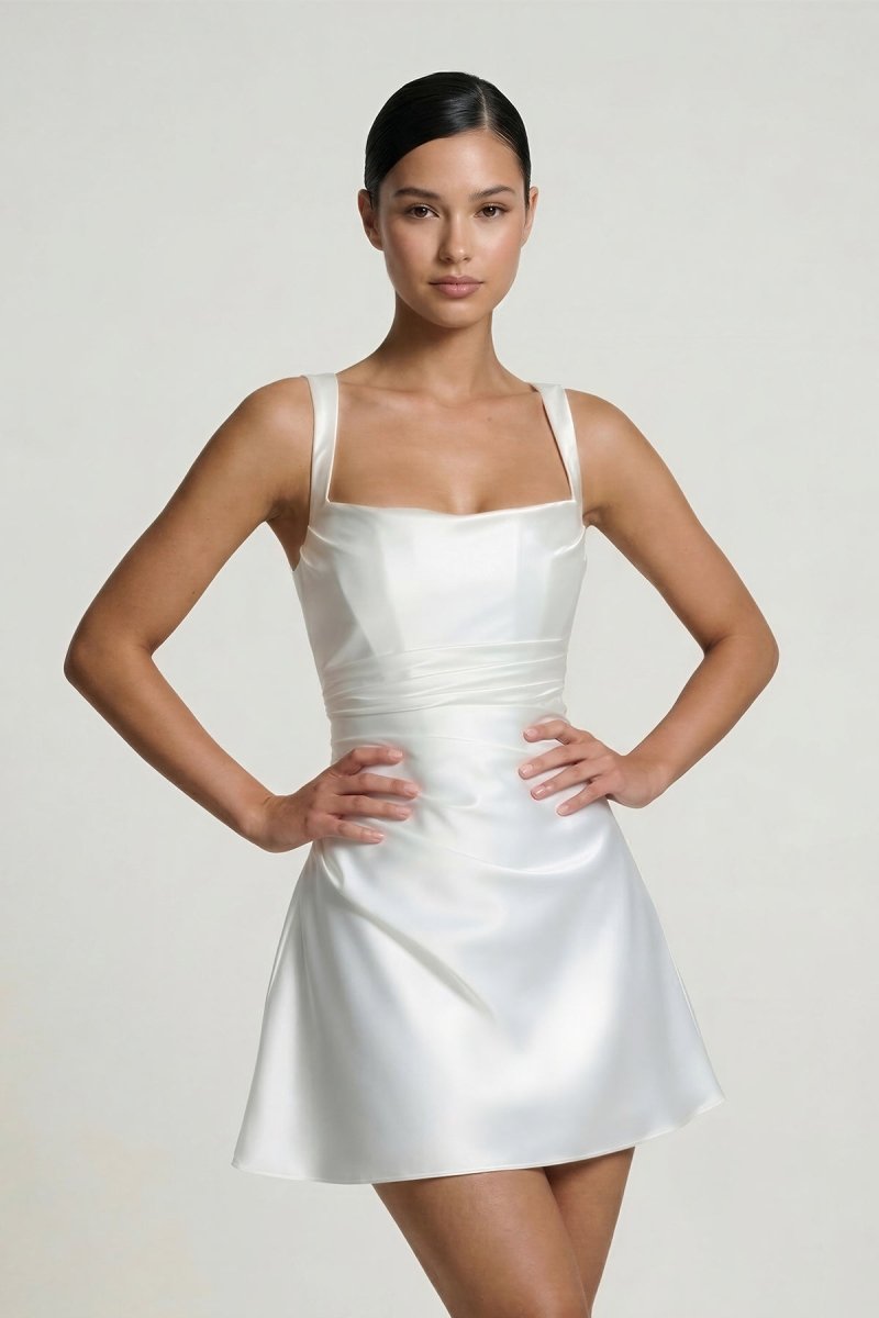 Square Neck Satin A - Line Corset Graduation Dress - KissProm