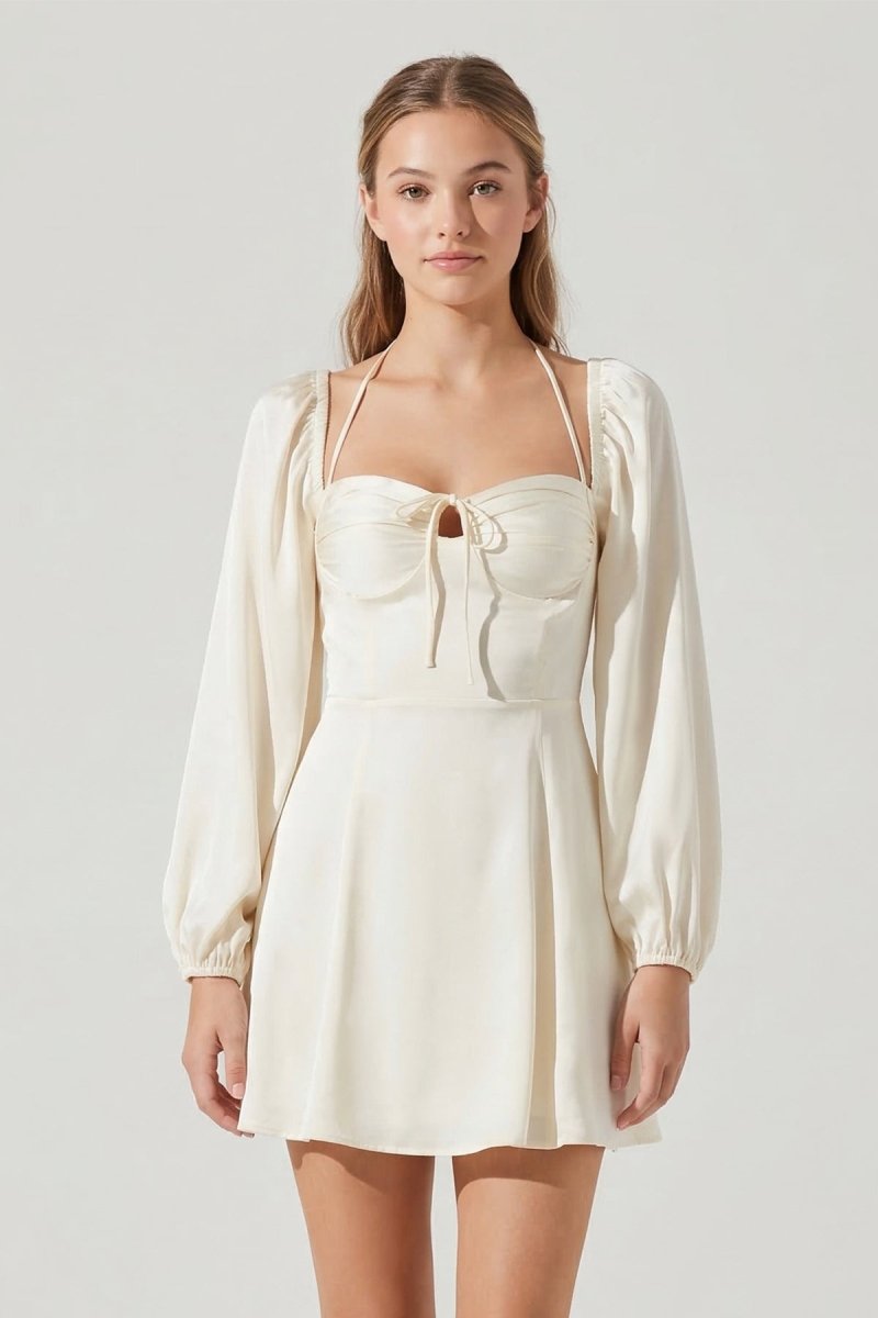 Halter A - Line Long Sleeve Graduation Dress - KissProm