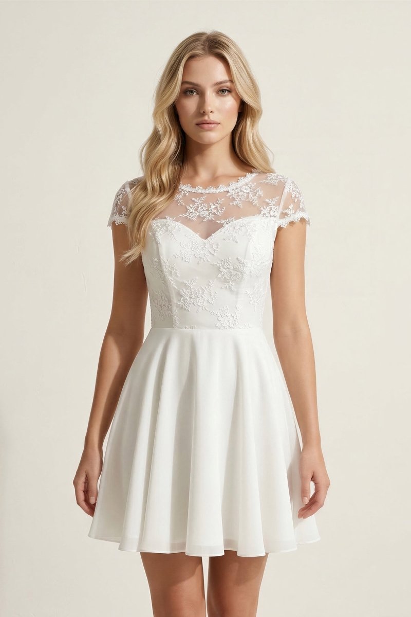 Ivory Lace A - Line Illusion Neck Graduation Dress - KissProm