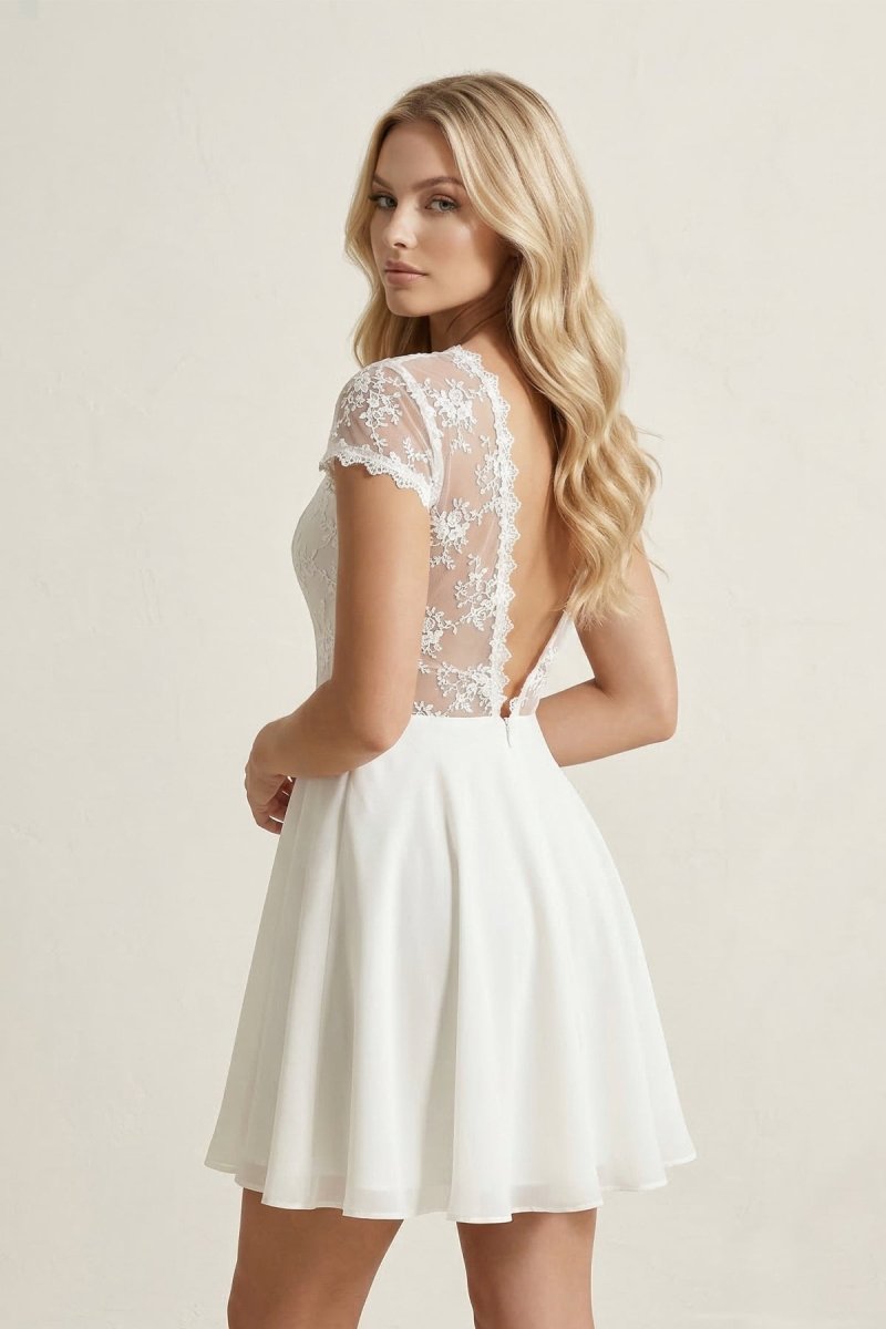 Ivory Lace A - Line Illusion Neck Graduation Dress - KissProm