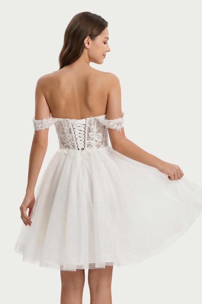 Ivory Off - the - Shoulder Appliqued Corset Graduation Dress - KissProm