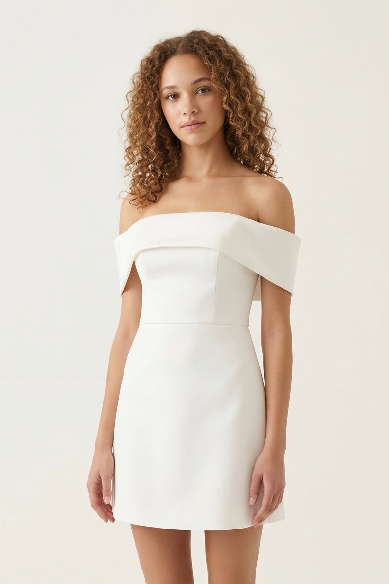 Ivory Off - the - Shoulder Satin Sheath Graduation Dress - KissProm