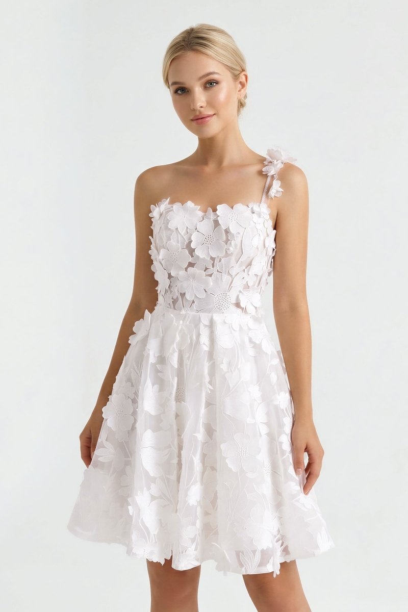 Ivory One - Shoulder Lace A - Line Graduation Dress With 3D Flower - KissProm