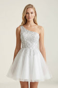 Ivory One - Shoulder Lace Appliqued Tulle Graduation Dress - KissProm