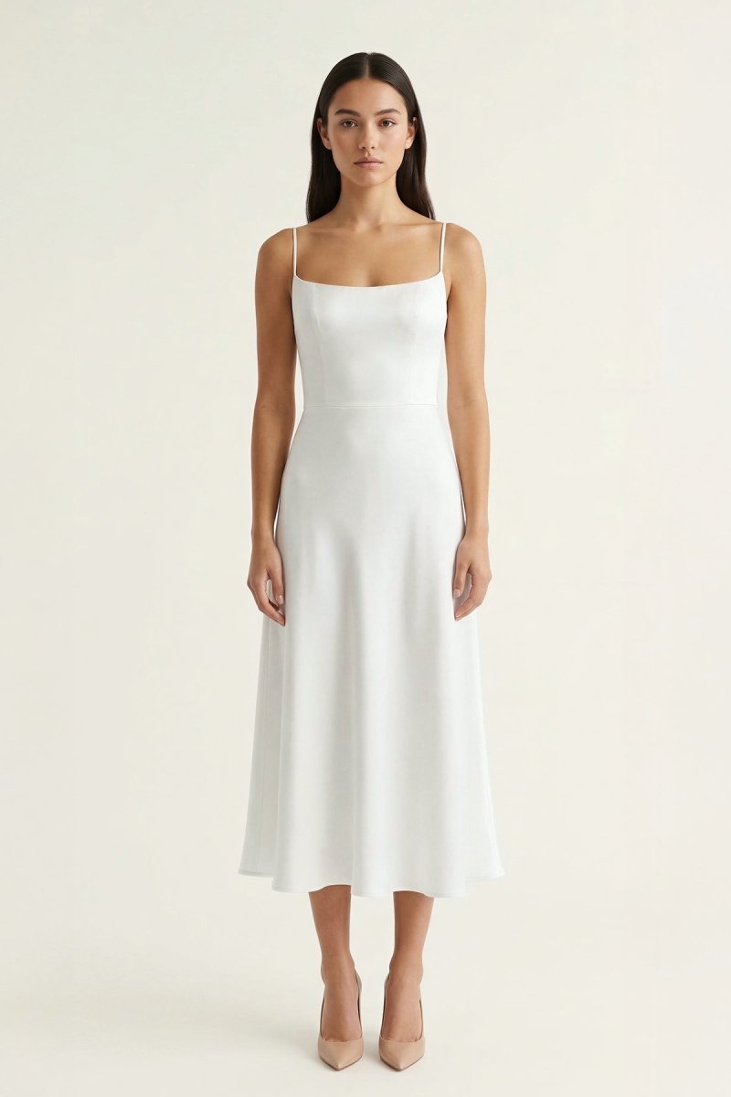 Ivory Spaghetti Strap A - Line Midi Dress - KissProm