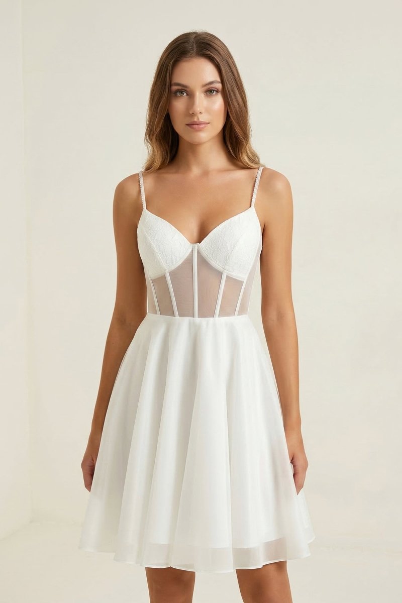 Ivory Spaghetti Strap Tulle A - Line Corset Graduation Dress - KissProm