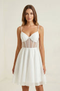 Ivory Spaghetti Strap Tulle A - Line Corset Graduation Dress - KissProm