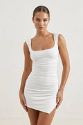 Ivory Square Neck Sheath Ruched Graduation Dress - KissProm