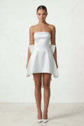 Ivory Strapless A - Line Satin Graduation Dress with Bow - KissProm
