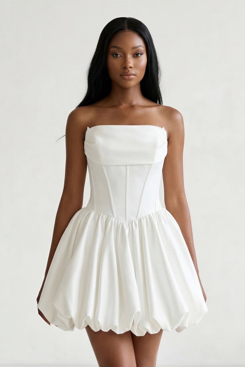 Ivory Strapless Corset A - Line Satin Graduation Dress - KissProm
