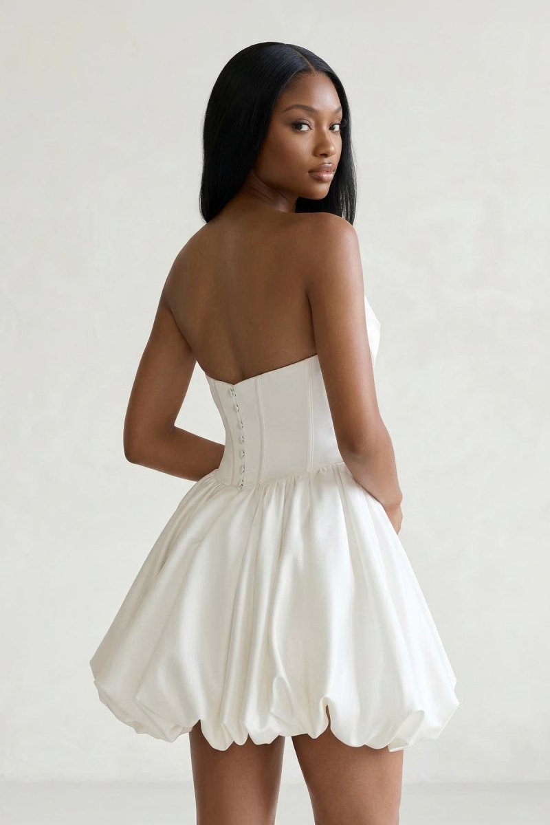 Ivory Strapless Corset A - Line Satin Graduation Dress - KissProm