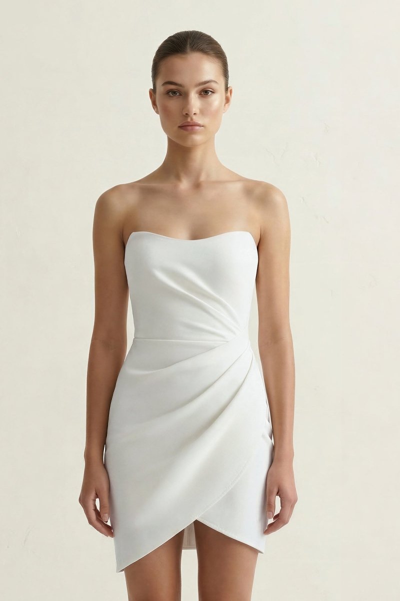 Ivory Strapless Satin Sheath Ruched Graduation Dress - KissProm