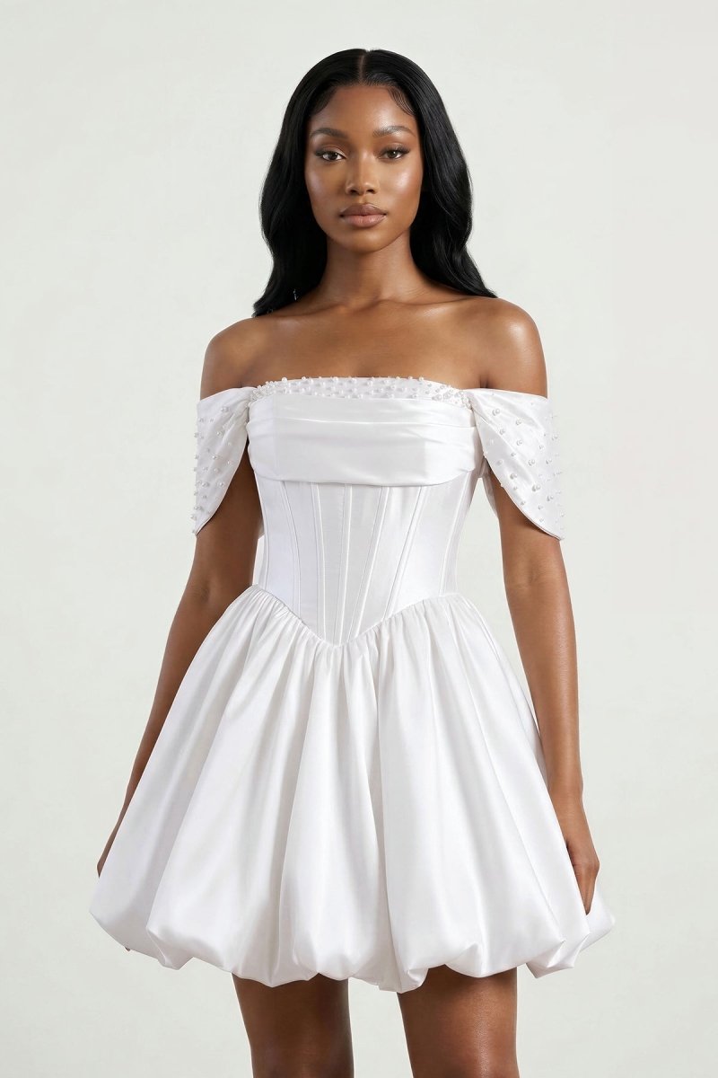 White Off - the - Shoulder A - Line Taffeta Corset Graduation Dress - KissProm