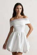 Off - the - Shoulder Satin Graduation Dress With Bubble Hem - KissProm