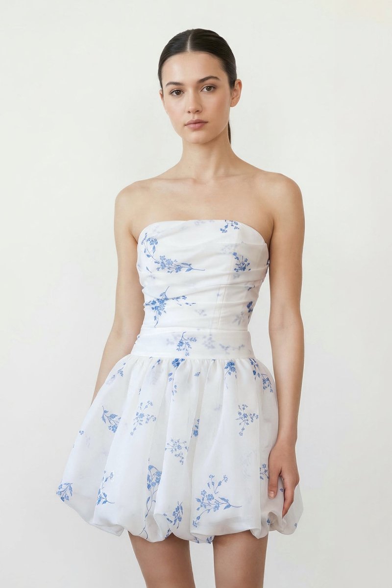 Strapless A - Line Floral Organza Graduation Dress - KissProm