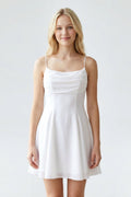 White Cowl Neck A - Line Graduation Dress With Back Bow - KissProm