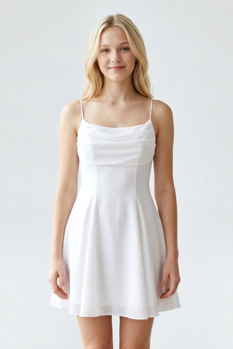 White Cowl Neck A - Line Graduation Dress With Back Bow - KissProm