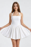 White Halter A - Line Ruched Graduation Dress - KissProm