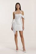 White Halter Satin Sheath Mini Graduation Dress With Bow - KissProm