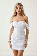 White Off - the - Shoulder Ruched Mini Graduation Dress - KissProm