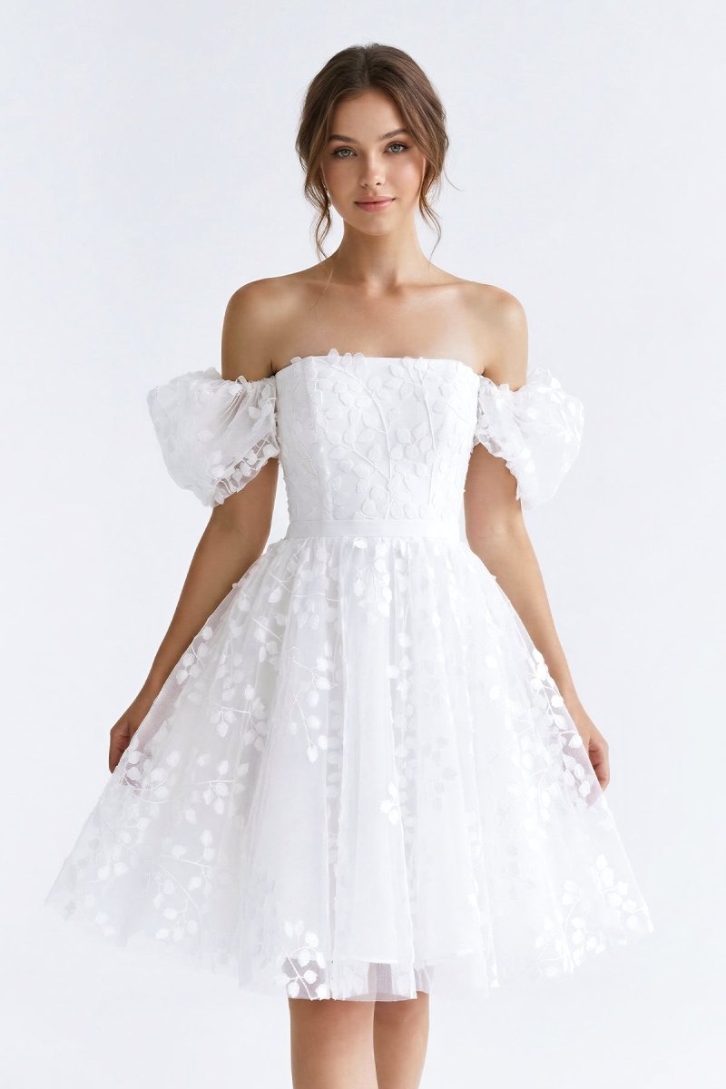 White Off - the - Shoulder A - Line Lace Graduation Dress - KissProm