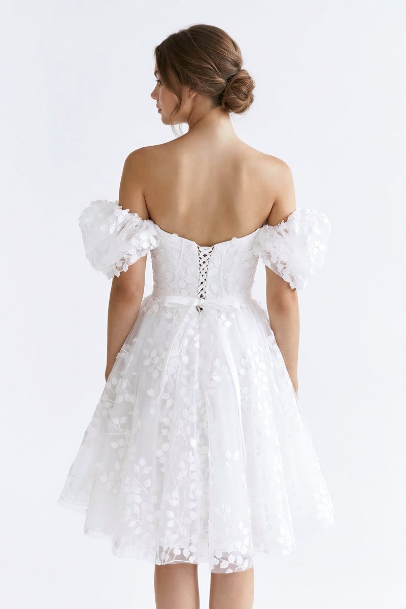 White Off - the - Shoulder A - Line Lace Graduation Dress - KissProm