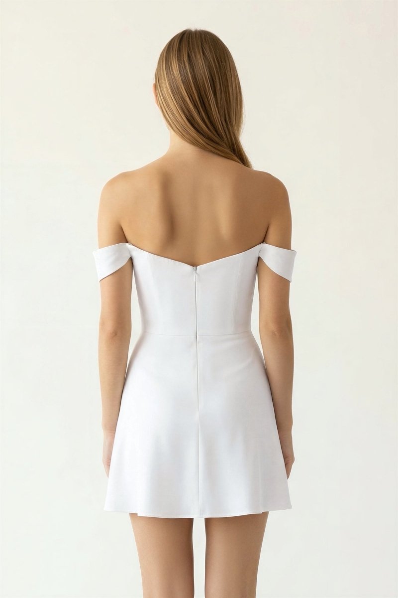 White Off - the - Shoulder A - Line Satin Graduation Dress - KissProm