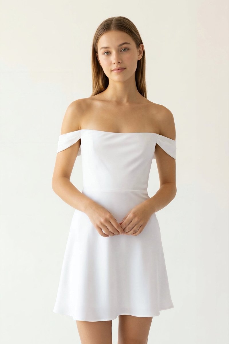 White Off - the - Shoulder A - Line Satin Graduation Dress - KissProm