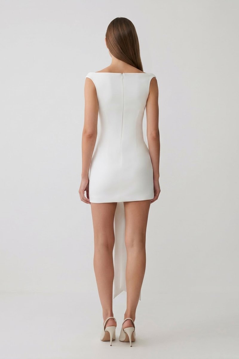 White Off - the - Shoulder Sheath Graduation Dress with Waist Tie - KissProm