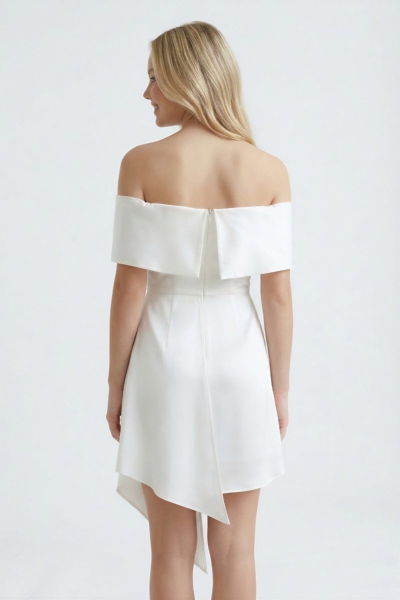 White Off - the - Shoulder Sheath Satin Graduation Dress - KissProm