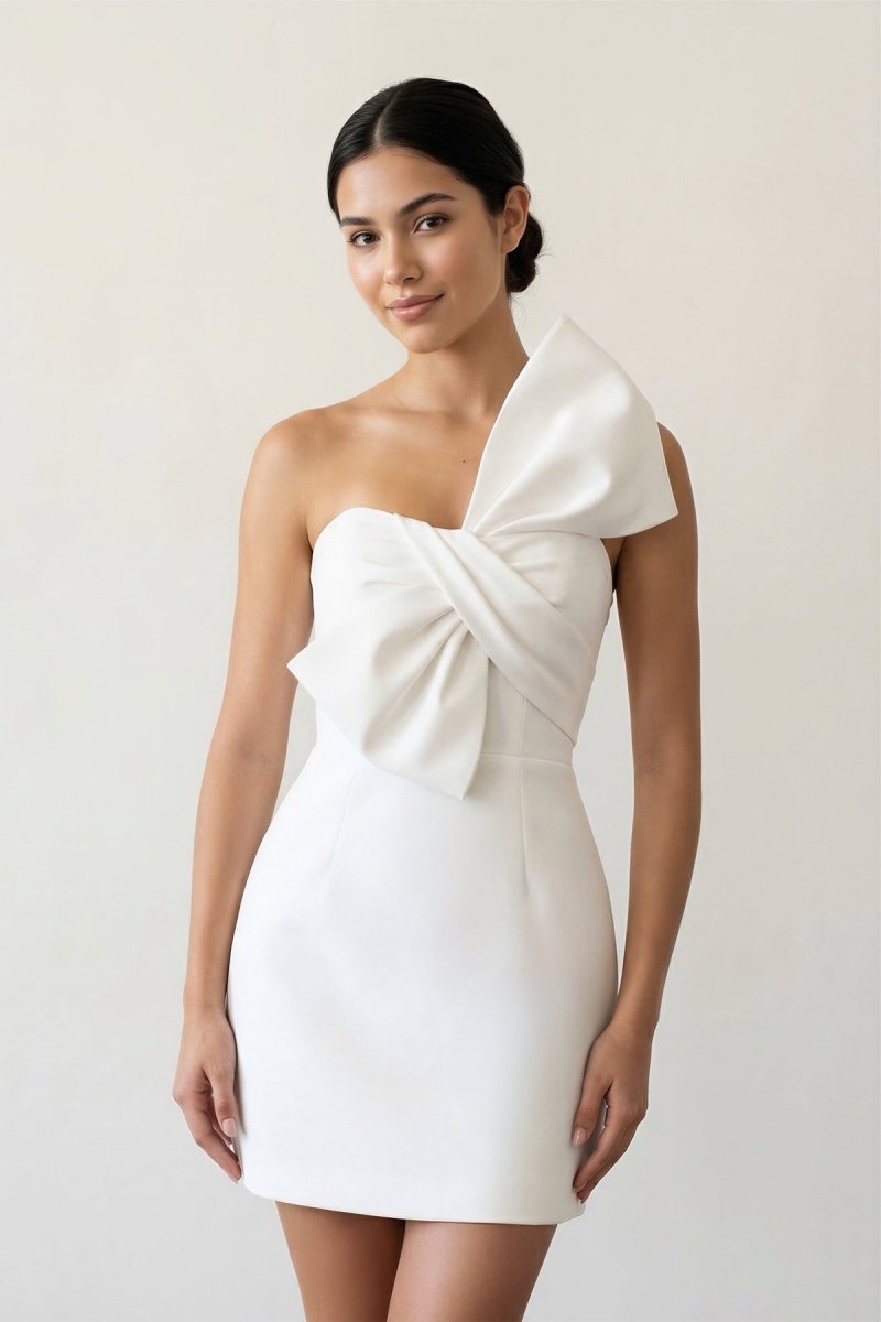 White One - Shoulder Satin Graduation Dress With Bow - KissProm