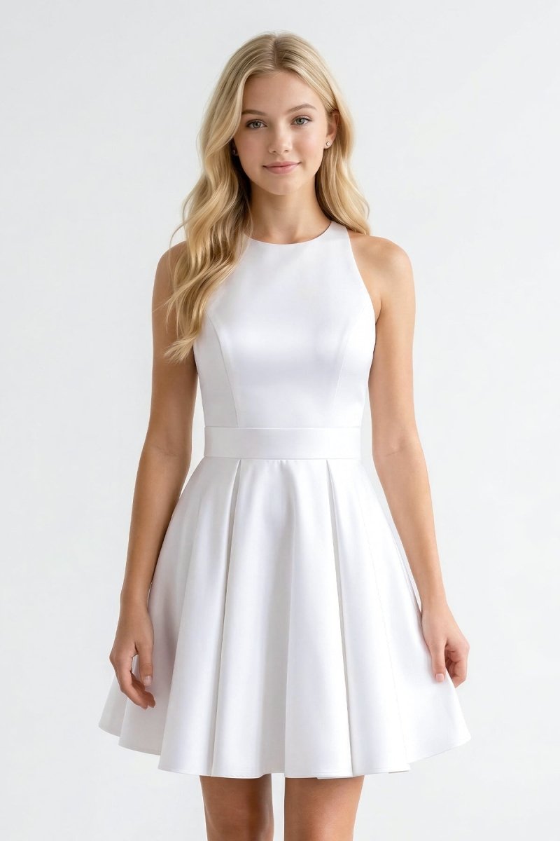 White Satin Halter Mini Graduation Dress With Bow - KissProm