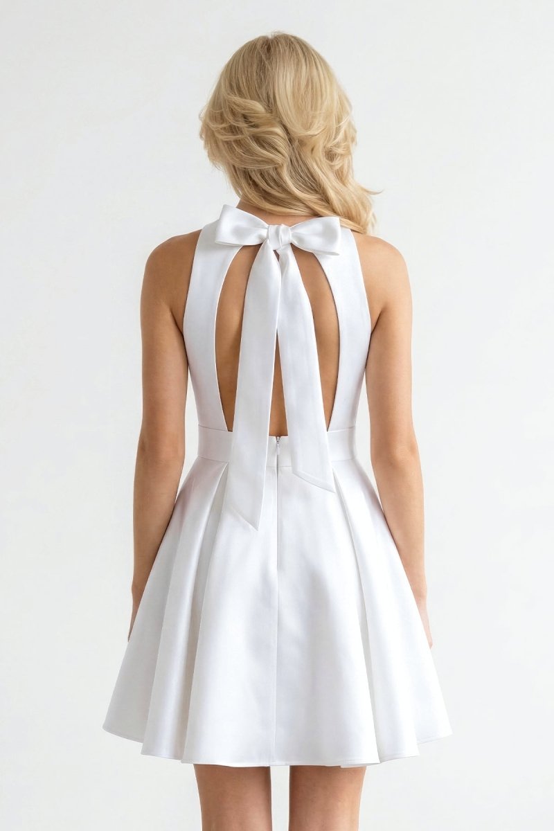 White Satin Halter Mini Graduation Dress With Bow - KissProm