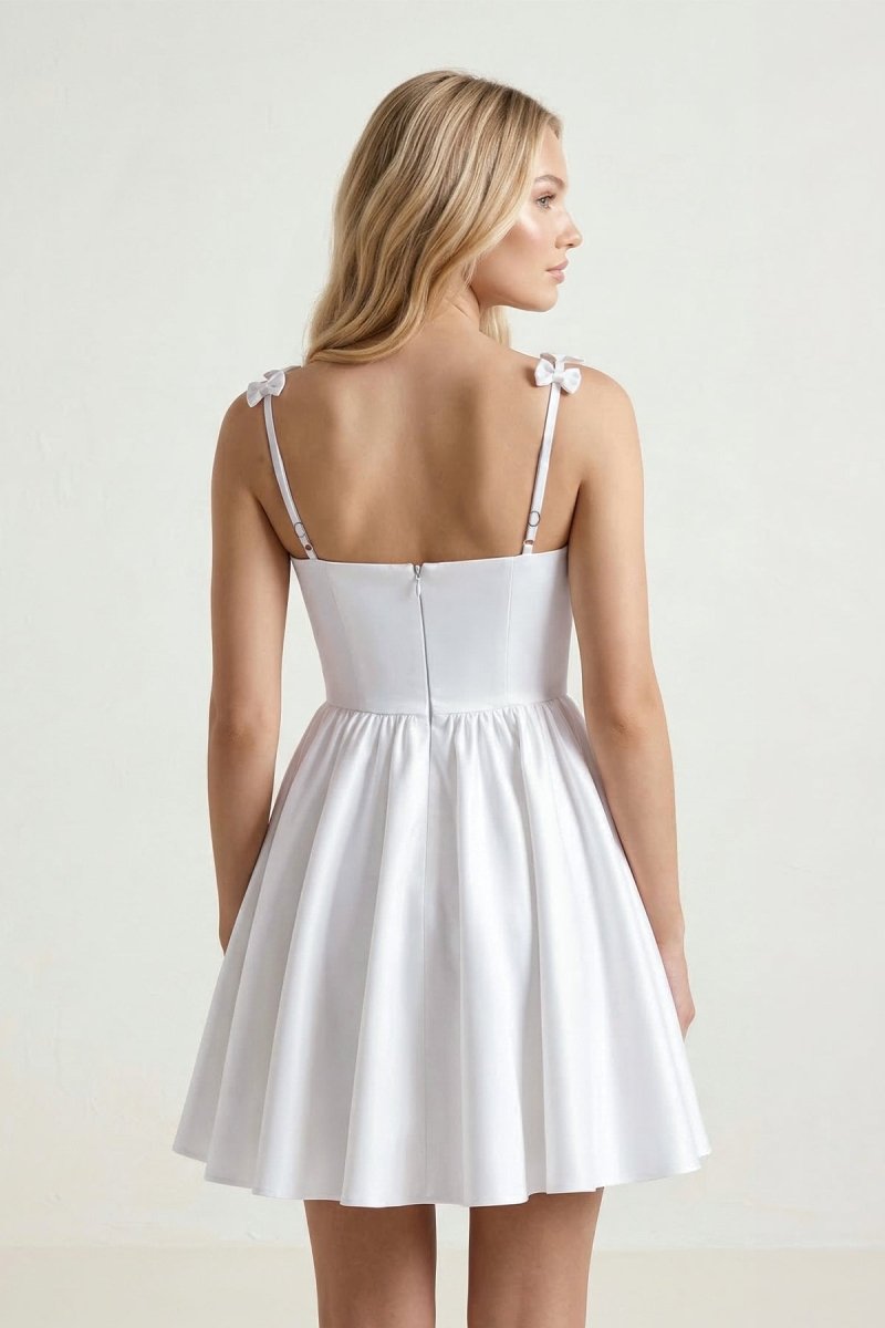 White Satin Mini Graduation Dress with Bow Straps - KissProm