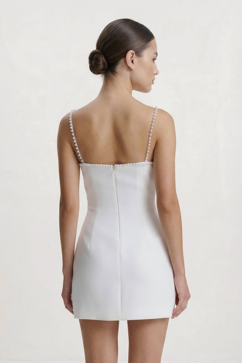 White Sheath Mini Graduation Dress With Pearl - KissProm