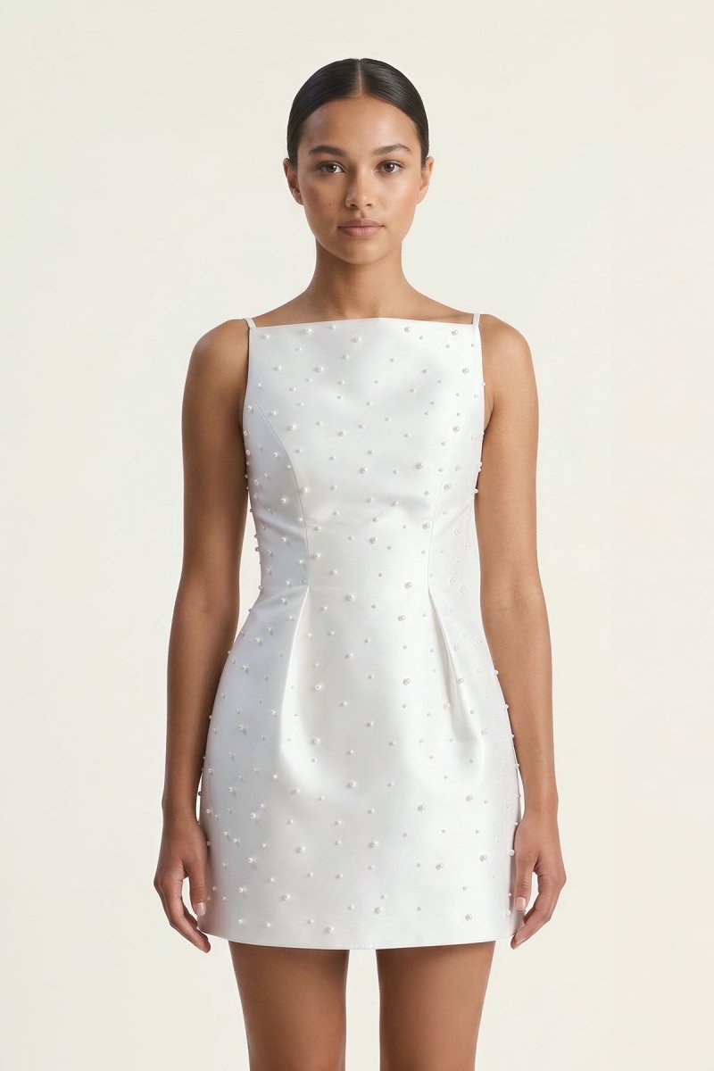 White Sheath Taffeta Graduation Dress With Pearl - KissProm