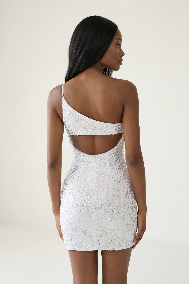 White Sparkly One - Shoulder Sheath Sequins Graduation Dress - KissProm