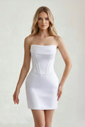 White Strapless Sheath Corset Satin Graduation Dress - KissProm