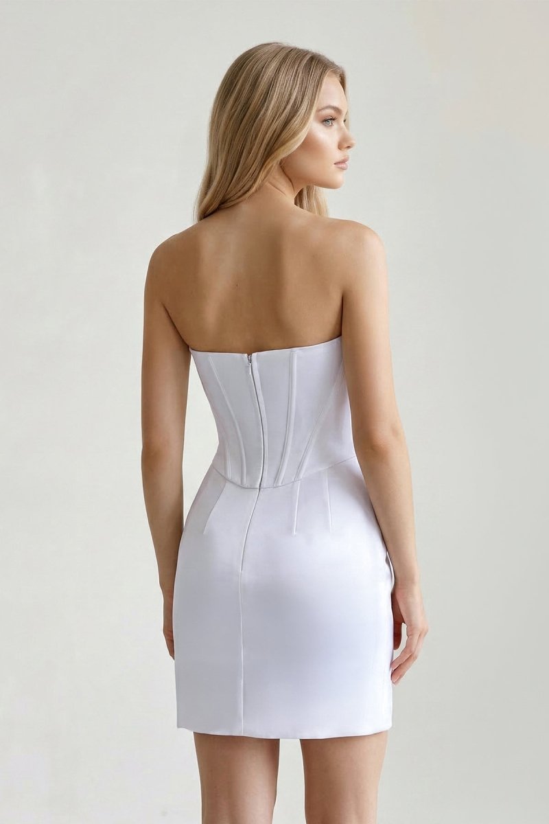 White Strapless Sheath Corset Satin Graduation Dress - KissProm