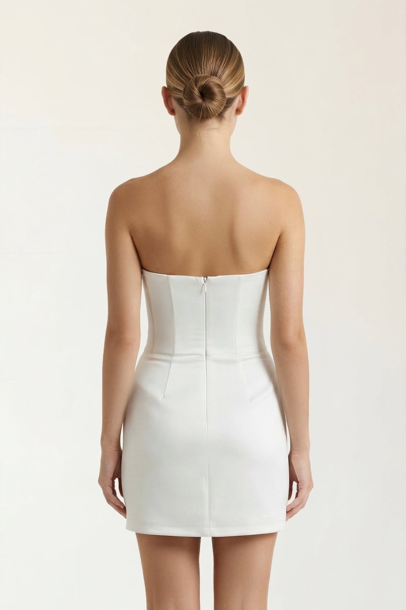 White Strapless Sheath Ruched Satin Graduation Dress - KissProm